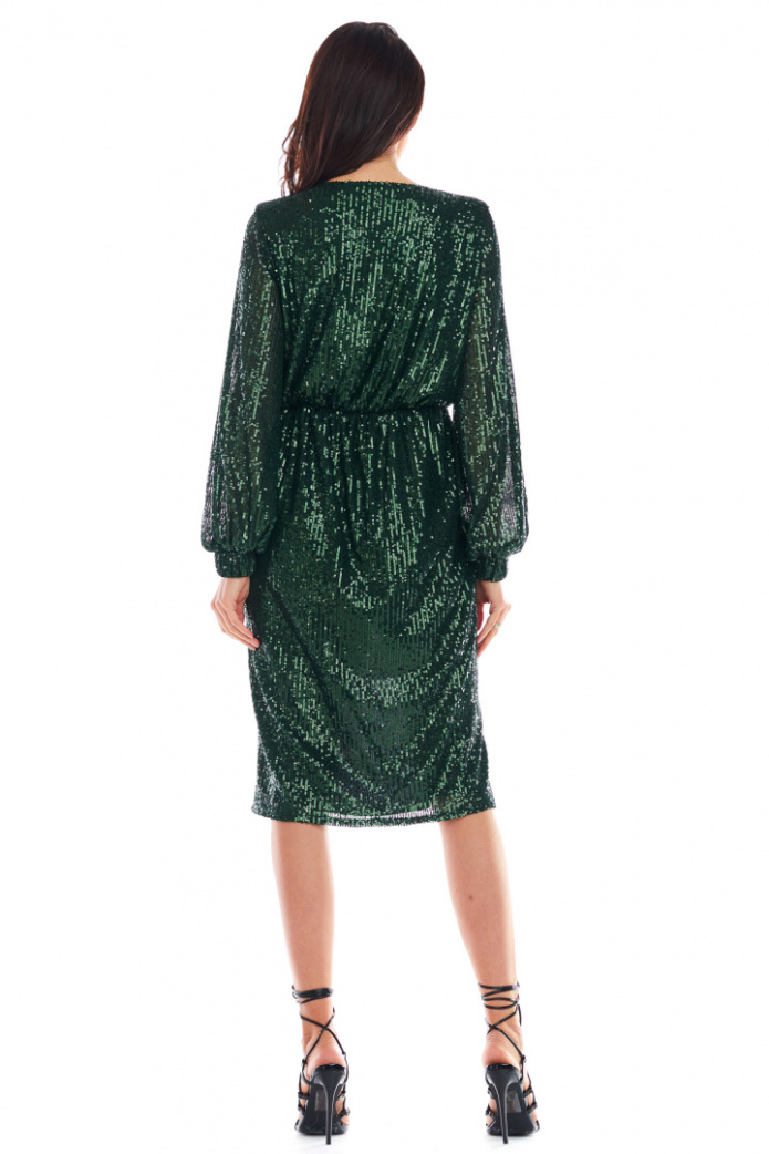 Sukienka Midi - Cekinowa Z Długim Rękawem - zielona